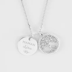 Pendentif personnalisé médaille gravée argent 15 mm et breloque arbre de vie contour torsadé 16 mm