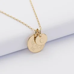Pendentif personnalisé médaille gravée plaqué or 15 mm et breloque ronde 10 mm