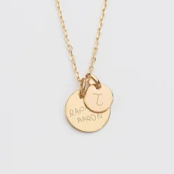 Pendentif personnalisé médaille gravée plaqué or 15 mm et breloque ronde 10 mm