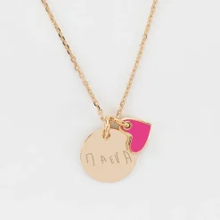 Pendentif personnalisé médaille gravée plaqué or 15 mm et breloque coeur email 10 mm