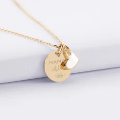 Pendentif personnalisé médaille gravée plaqué or 15 mm et breloque coeur email 10 mm