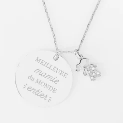 Pendentif personnalisé médaille gravée argent 27 mm et breloque petite fille scintillante 12 mm