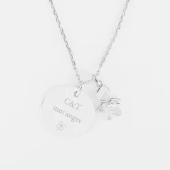Pendentif personnalisé médaille gravée argent 19 mm et breloque petit garçon zircon 12 mm