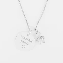 Pendentif personnalisé médaille gravée argent 19 mm et breloque petit garçon zircon 12 mm
