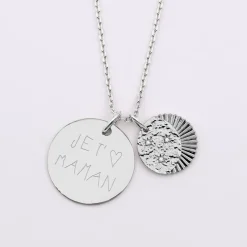 Pendentif personnalisé médaille gravée argent 19 mm et breloque Lune trio zircons 14 mm