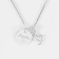 Pendentif personnalisé médaille gravée argent 15 mm et breloque colombe 18 mm