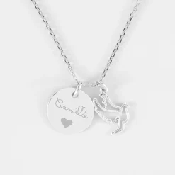 Pendentif personnalisé médaille gravée argent 15 mm et breloque colombe 18 mm