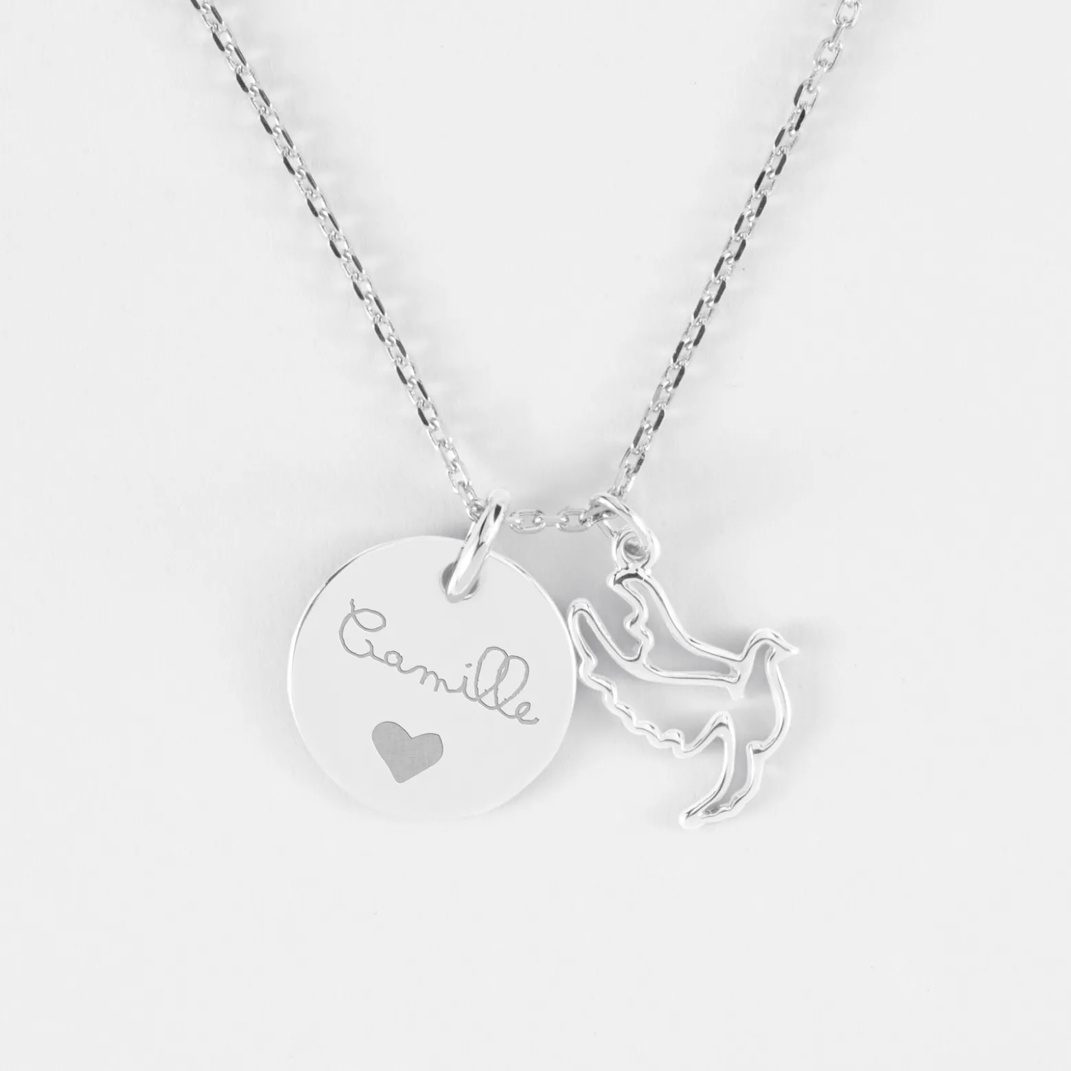 Pendentif personnalisé médaille gravée argent 15 mm et breloque colombe 18 mm