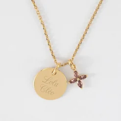 Pendentif personnalisé médaille gravée plaqué or 15 mm et breloque fleur pétales zircons 10 mm