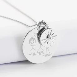 Pendentif personnalisé médaille gravée argent 27 mm et breloque soleil scintillant 14 mm