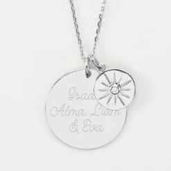 Pendentif personnalisé médaille gravée argent 27 mm et breloque soleil scintillant 14 mm