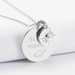 Pendentif personnalisé médaille gravée argent 27 mm et breloque soleil scintillant 14 mm