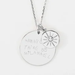 Pendentif personnalisé médaille gravée argent 27 mm et breloque soleil scintillant 14 mm