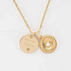 Pendentif personnalisé médaille gravée plaqué or 15 mm et breloque tournesol scintillant 14 mm