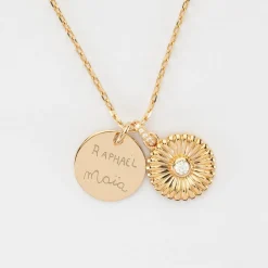 Pendentif personnalisé médaille gravée plaqué or 15 mm et breloque tournesol scintillant 14 mm