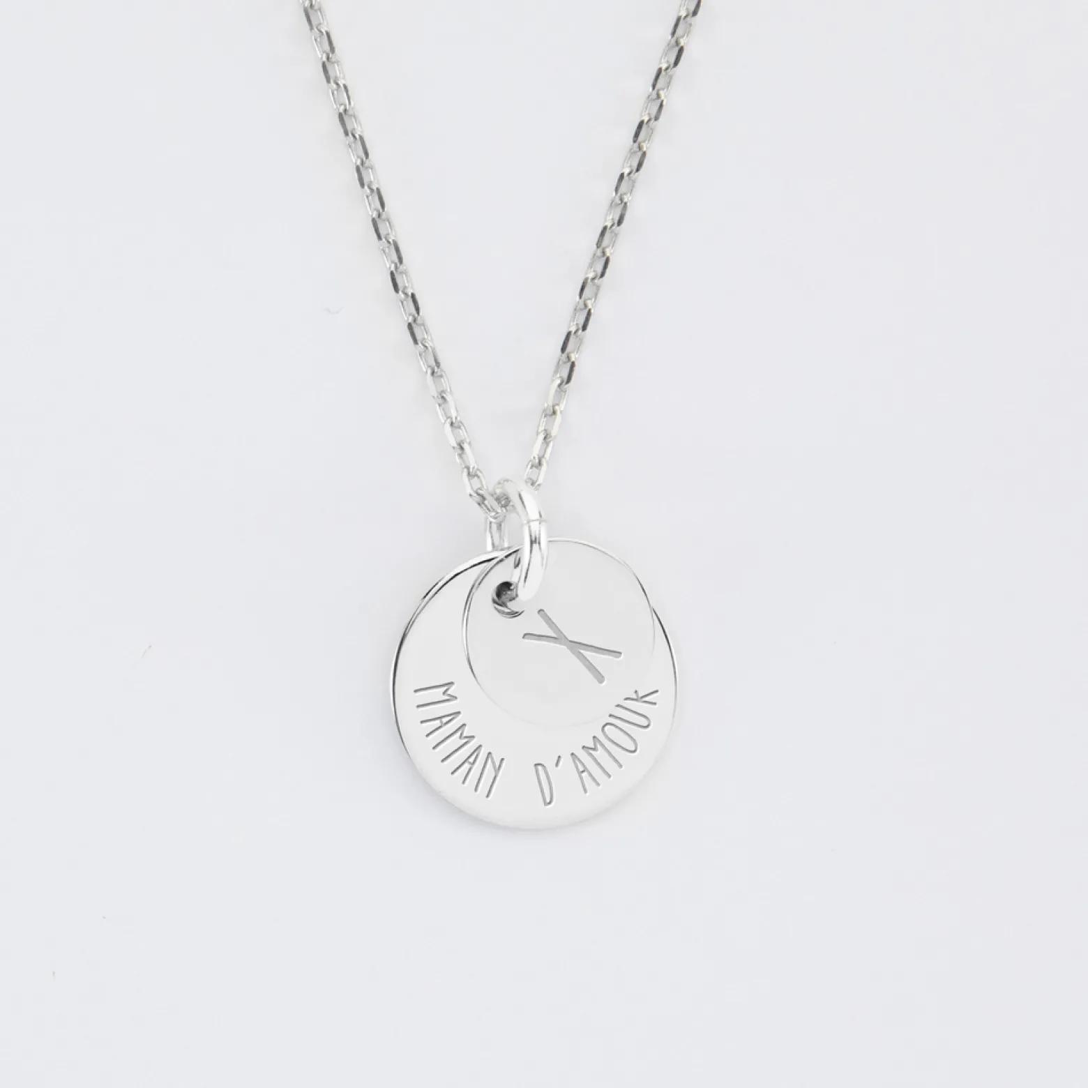 Pendentif réversible personnalisé double médailles gravées argent 10 mm et 15 mm
