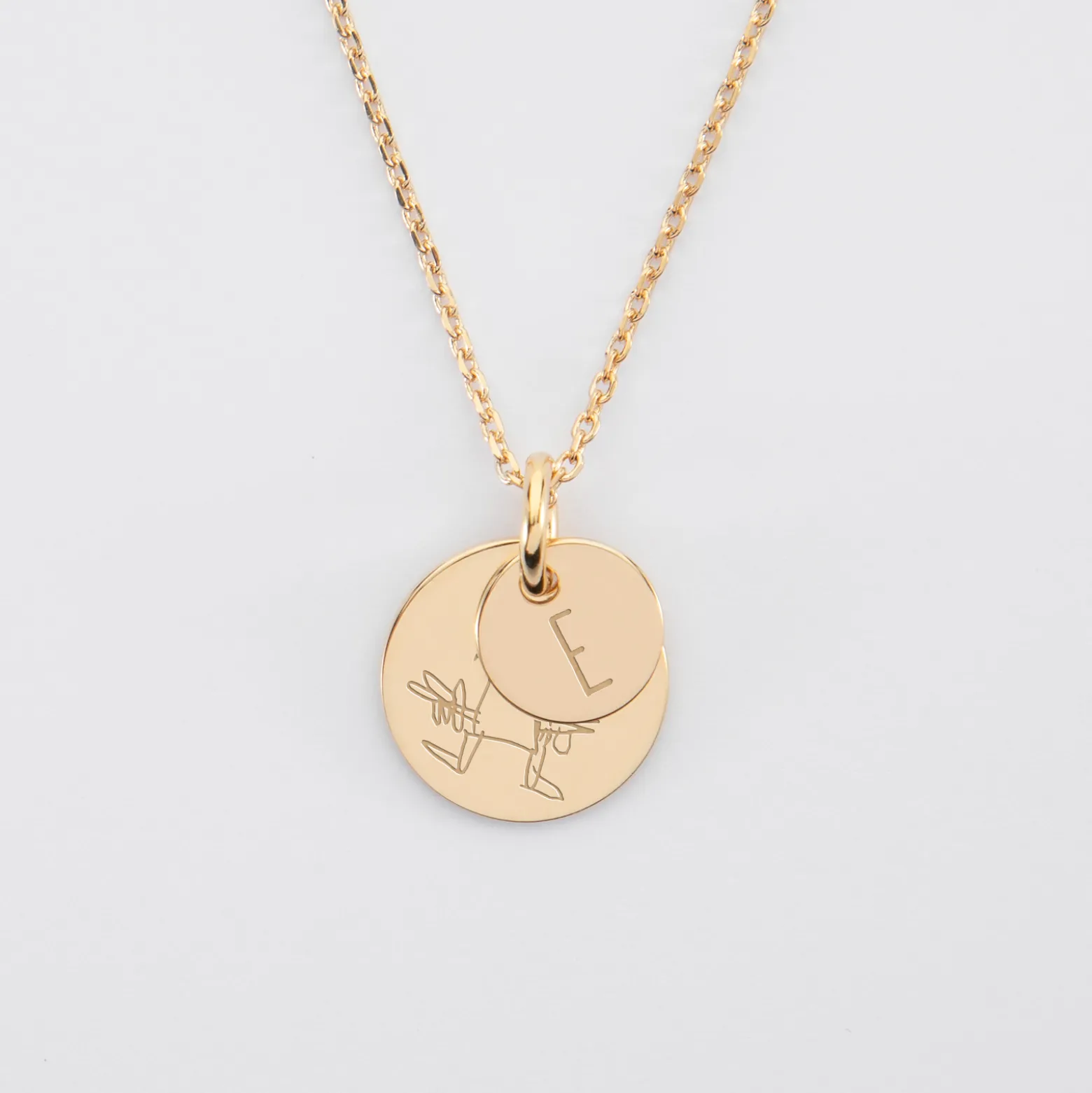 Pendentif réversible personnalisé double médailles gravées plaqué or 10 mm et 15 mm
