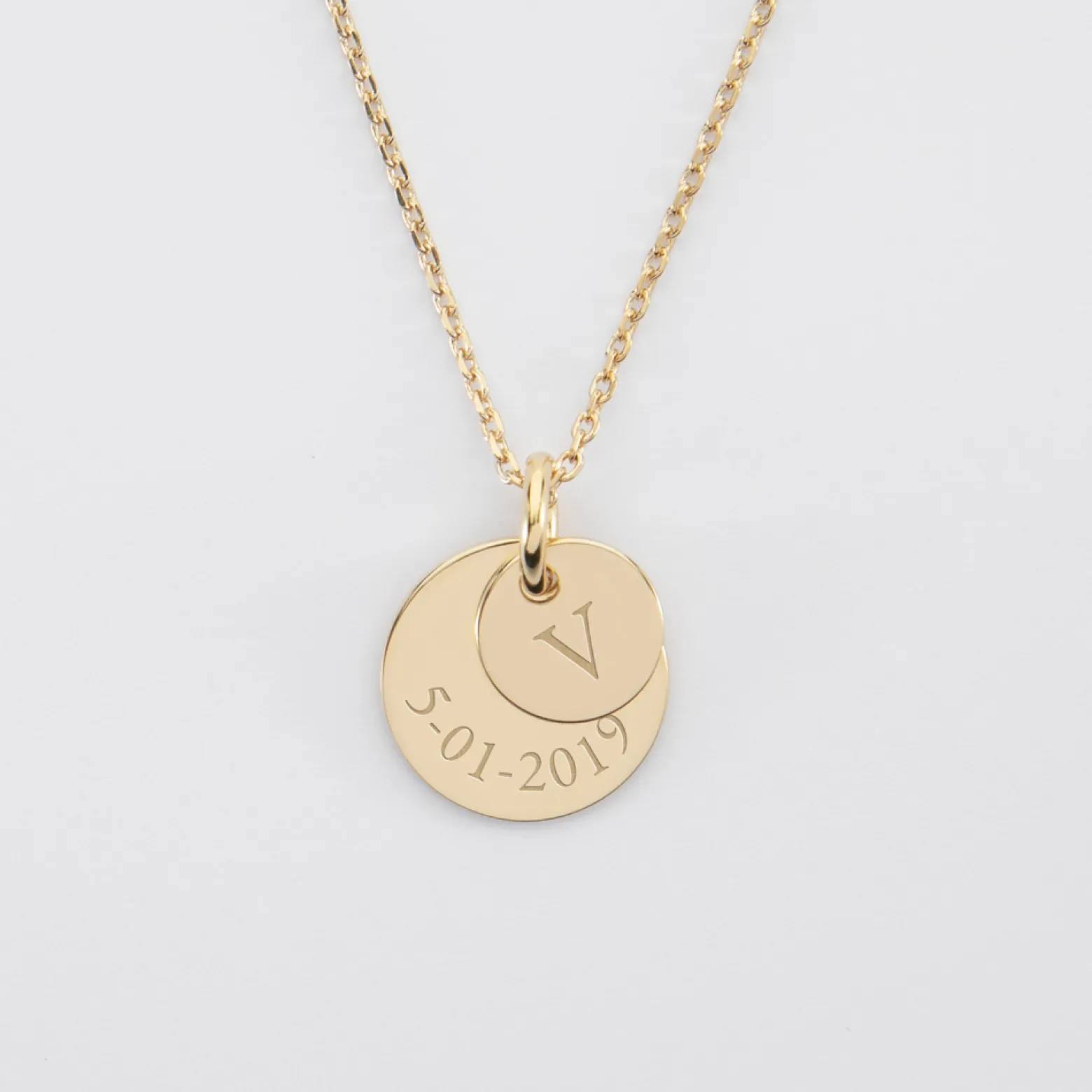 Pendentif réversible personnalisé double médailles gravées plaqué or 10 mm et 15 mm