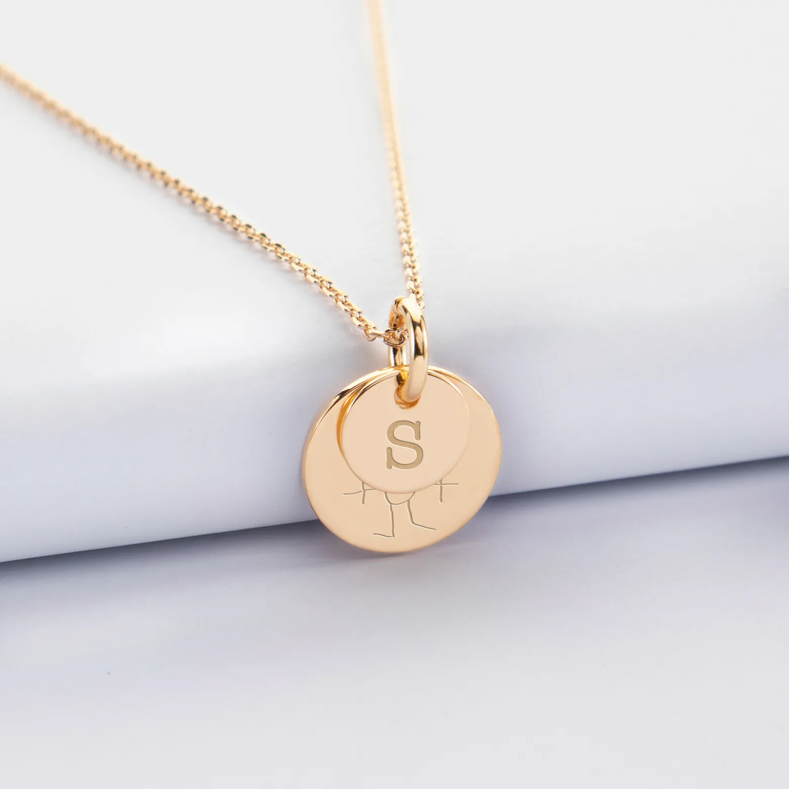 Pendentif réversible personnalisé double médailles gravées plaqué or 10 mm et 15 mm