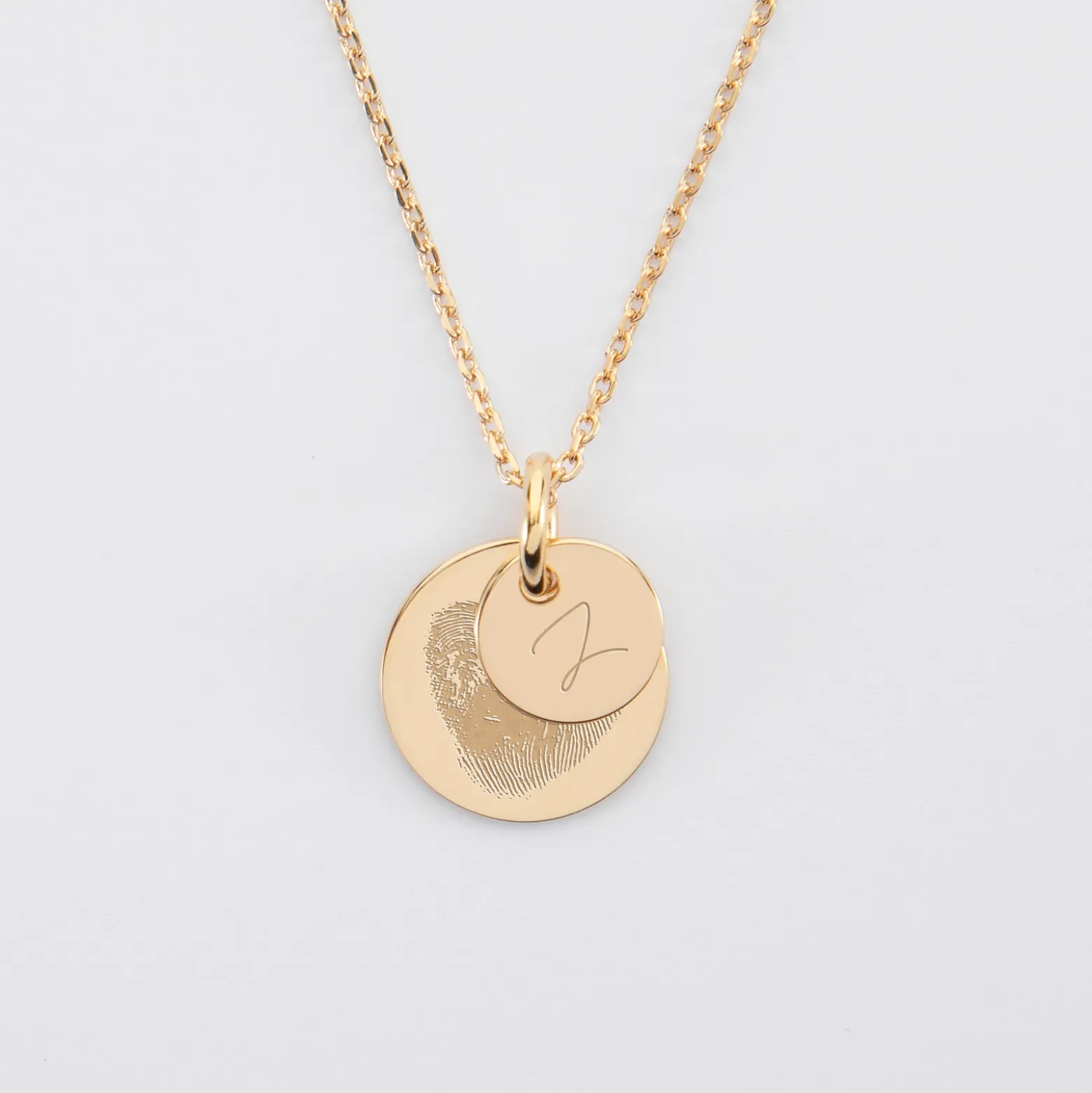 Pendentif réversible personnalisé double médailles gravées plaqué or 10 mm et 15 mm