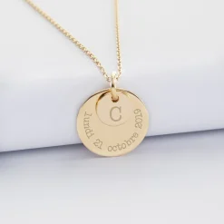 Pendentif réversible personnalisé double médailles gravées plaqué or 10 mm et 19 mm