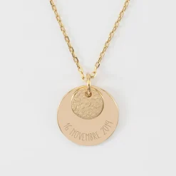 Pendentif réversible personnalisé double médailles martelées gravées plaqué or 10 mm et 19 mm