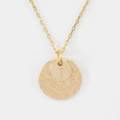 Pendentif réversible personnalisé double médailles martelées gravées plaqué or 10 mm et 19 mm