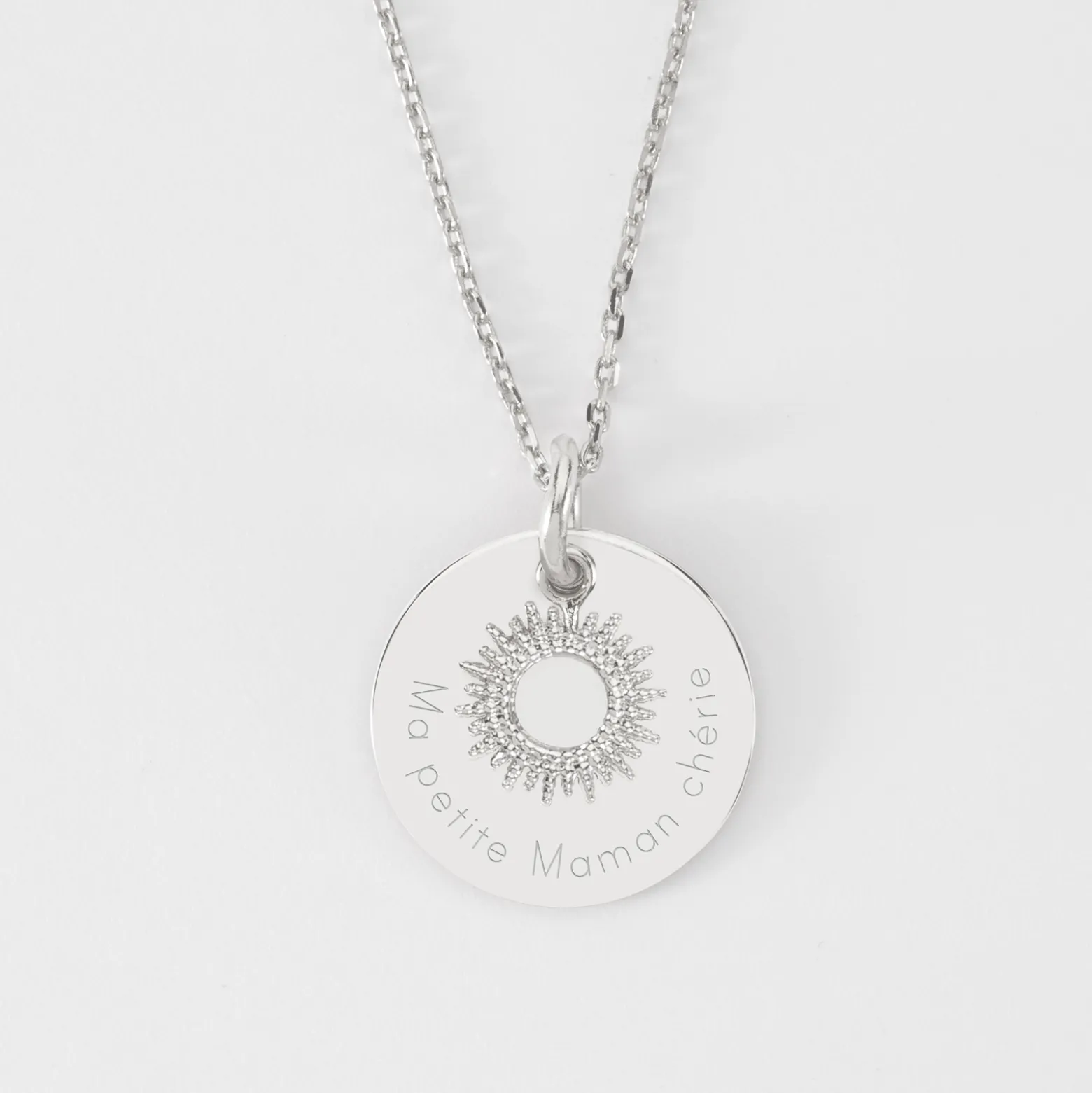 Pendentif réversible personnalisé médaille gravée argent 19 mm et breloque soleil 10 mm