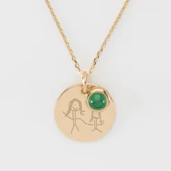 Pendentif réversible personnalisé médaille gravée plaqué or 19 mm et breloque pierre naturelle 8 mm