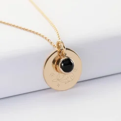 Pendentif réversible personnalisé médaille gravée plaqué or 19 mm et breloque pierre naturelle 8 mm