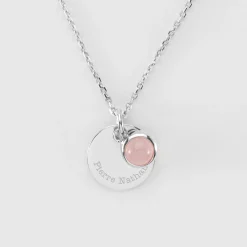 Pendentif réversible personnalisé médaille gravée argent 15 mm et breloque pierre naturelle 8 mm