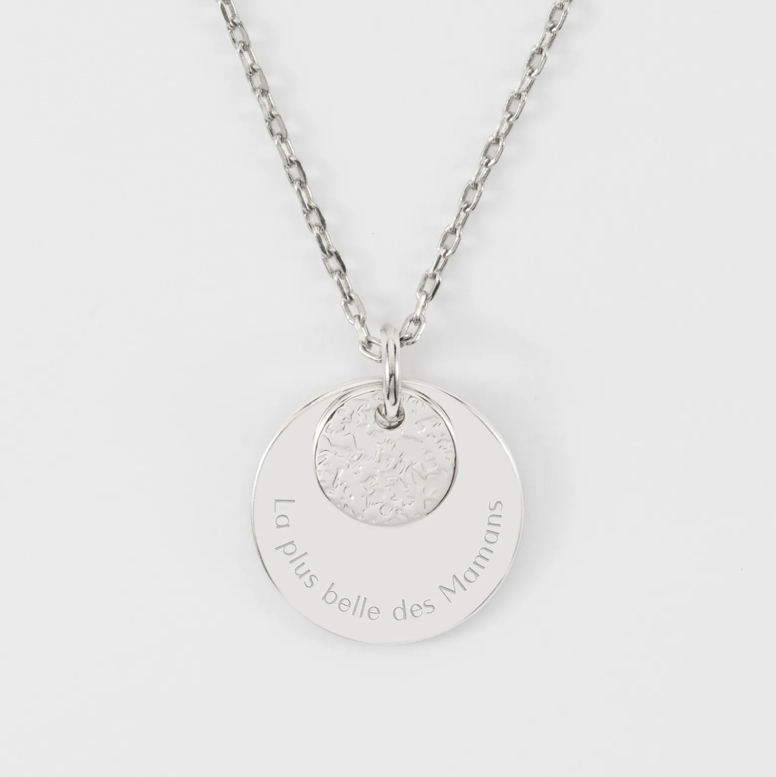 Pendentif réversible personnalisé double médailles martelées gravées argent 10 mm et 19 mm