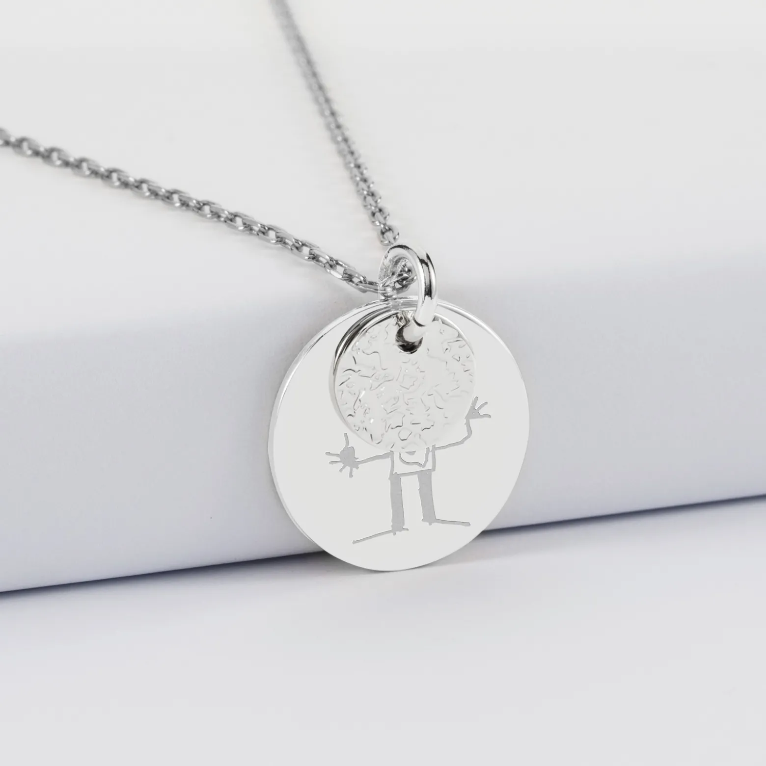 Pendentif réversible personnalisé double médailles martelées gravées argent 10 mm et 19 mm