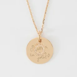 Pendentif réversible personnalisé médaille gravée plaqué or 19 mm et breloque soleil 10 mm