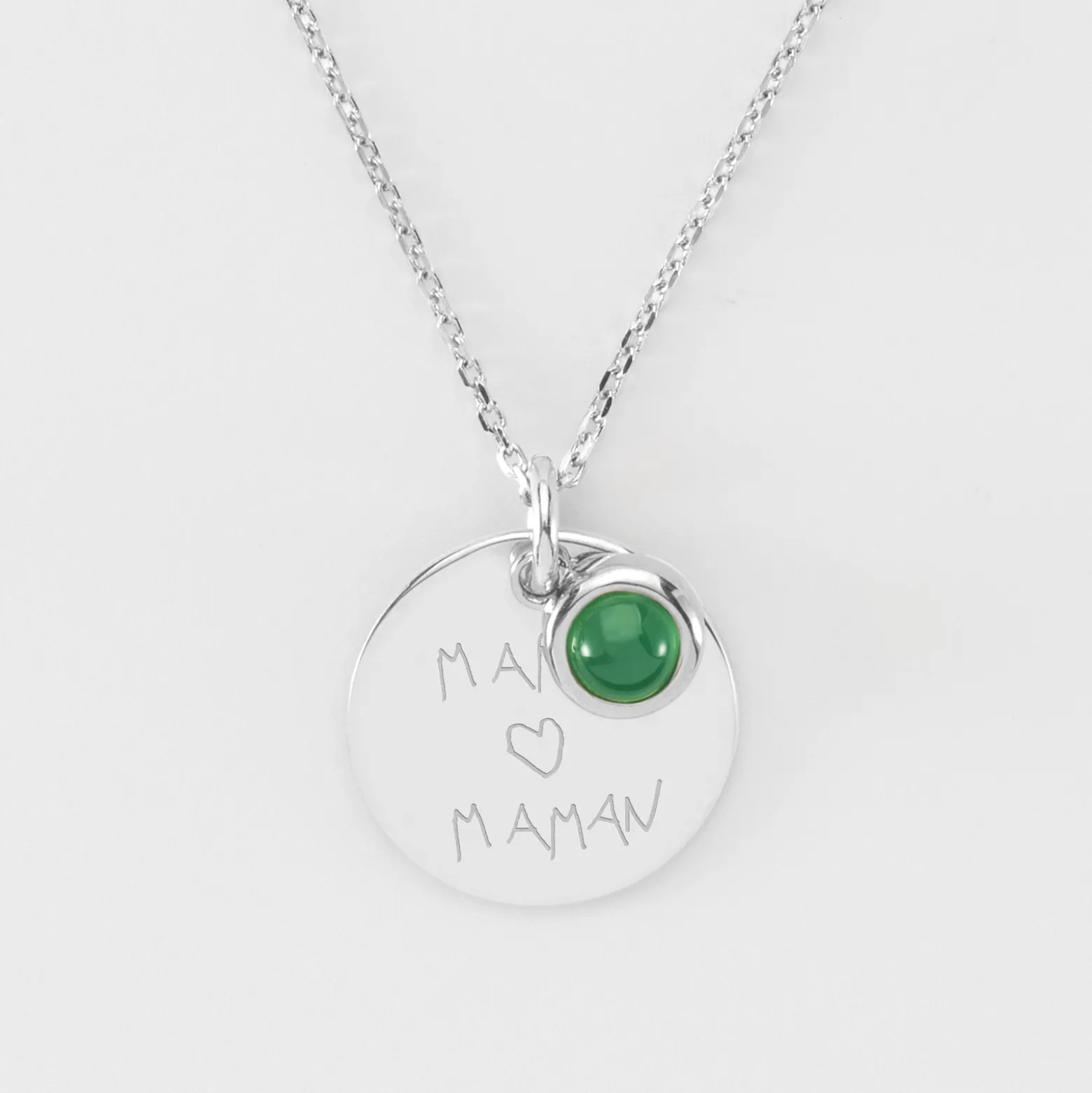 Pendentif réversible personnalisé médaille gravée argent 19 mm et breloque pierre naturelle 8 mm