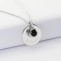 Pendentif réversible personnalisé médaille gravée argent 19 mm et breloque pierre naturelle 8 mm