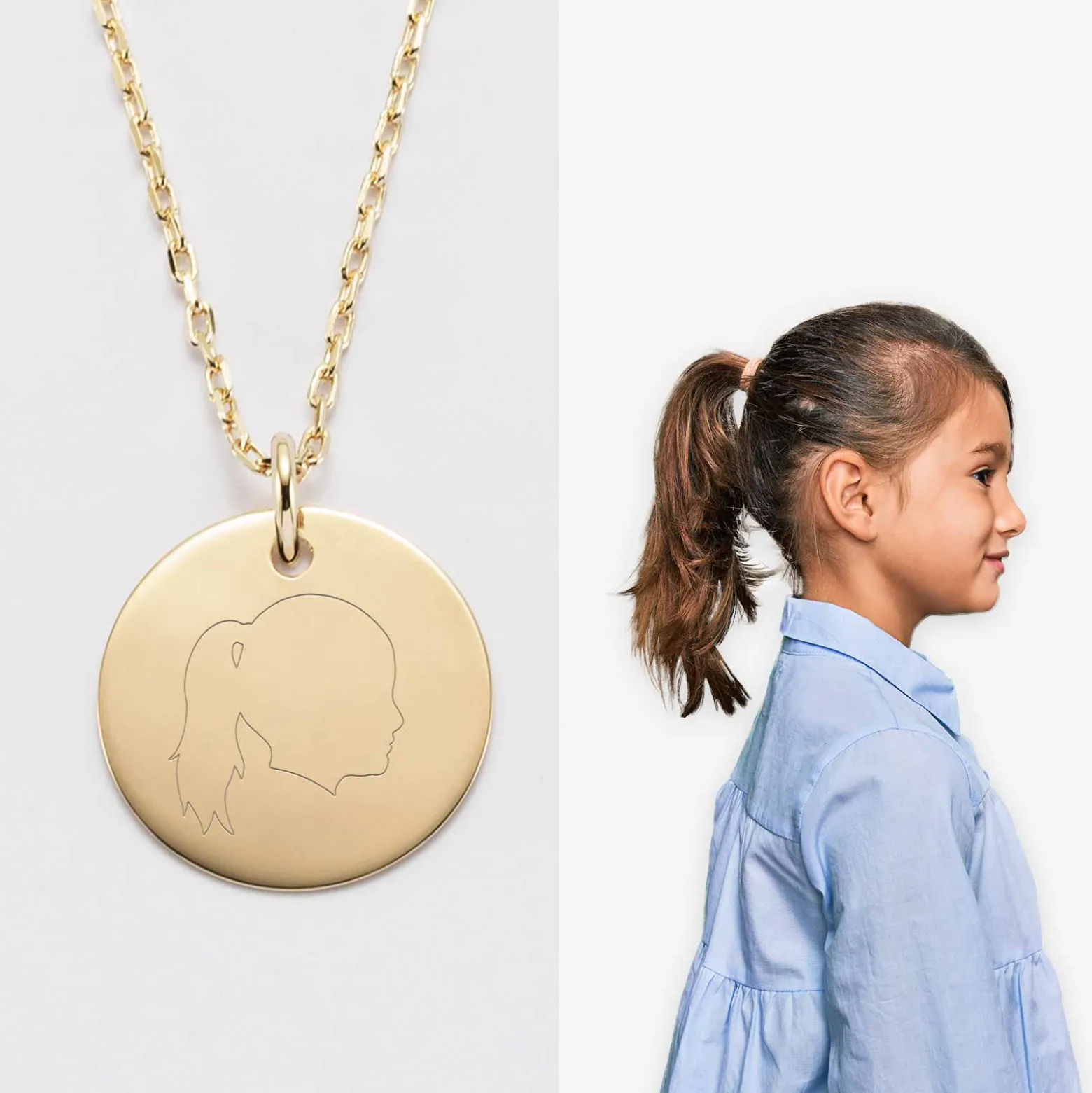 Pendentif silhouette personnalisé médaille plaqué or 19 mm - "Profil gravé"