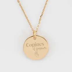 Pendentif Témoin personnalisé médaille soleil coeur bombé gravée plaqué or 19 mm