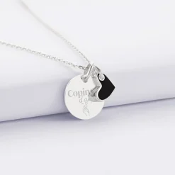 Pendentif Témoin personnalisé médaille gravée argent 15 mm et breloque coeur email 10 mm