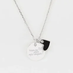 Pendentif Témoin personnalisé médaille gravée argent 15 mm et breloque coeur email 10 mm