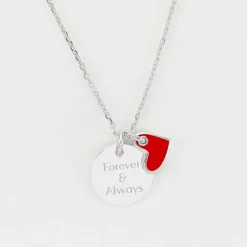 Pendentif Témoin personnalisé médaille gravée argent 15 mm et breloque coeur email 10 mm