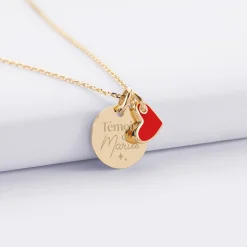 Pendentif Témoin personnalisé médaille gravée plaqué or 15 mm et breloque coeur email 10 mm