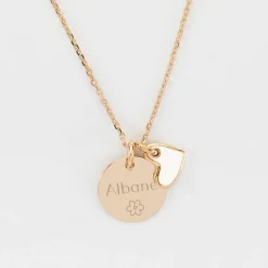 Pendentif Témoin personnalisé médaille gravée plaqué or 15 mm et breloque coeur email 10 mm