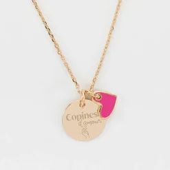 Pendentif Témoin personnalisé médaille gravée plaqué or 15 mm et breloque coeur email 10 mm