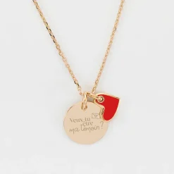 Pendentif Témoin personnalisé médaille gravée plaqué or 15 mm et breloque coeur email 10 mm