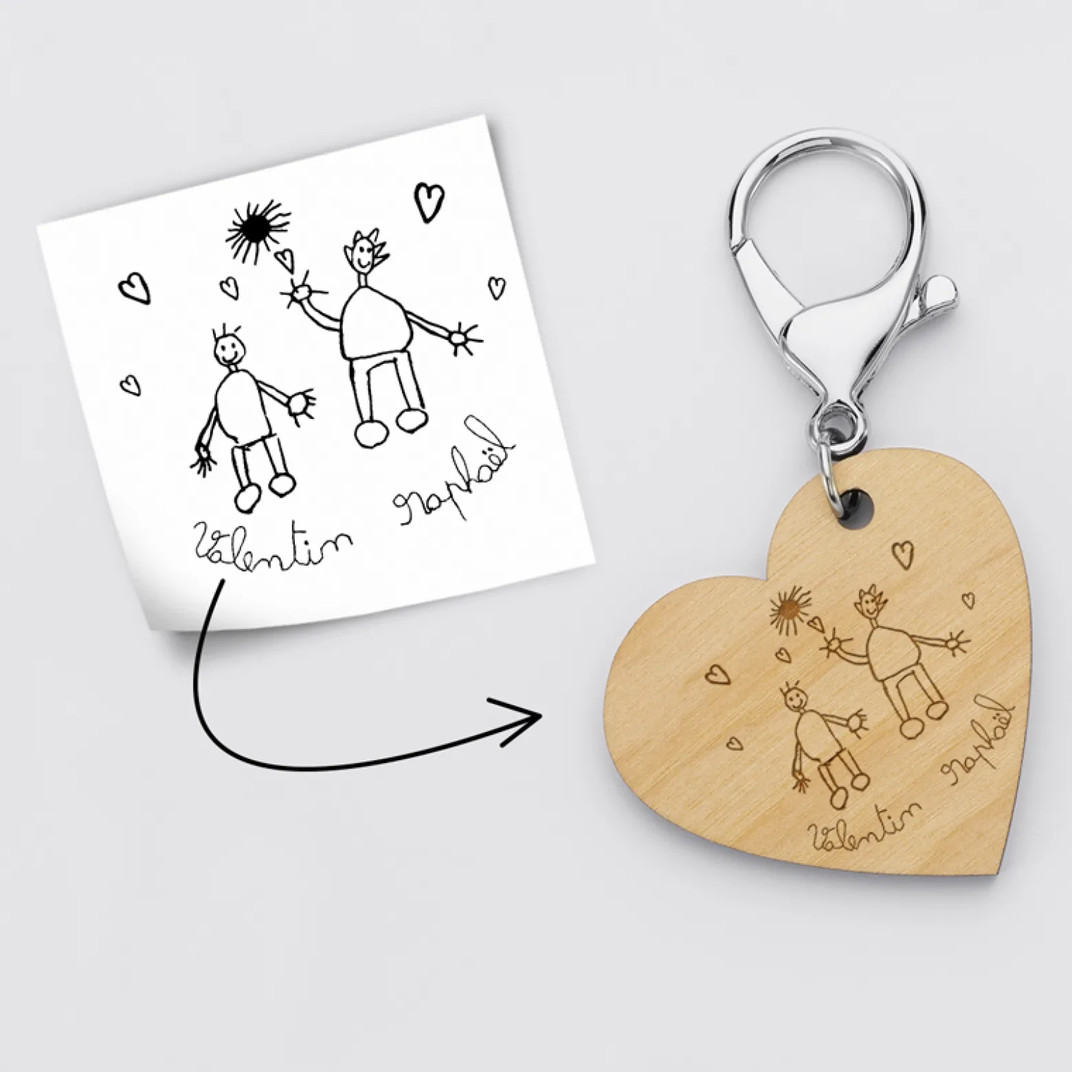 Porte clé personnalisé gravé bois médaille coeur 50x45 mm