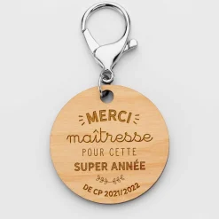 Porte clé personnalisé gravée bois médaille ronde 50 mm - Merci Maîtresse