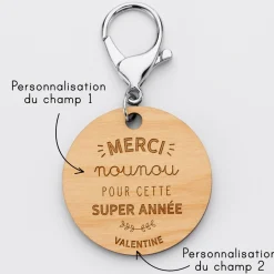 Porte clé personnalisé gravée bois médaille ronde 50 mm - Merci Maîtresse