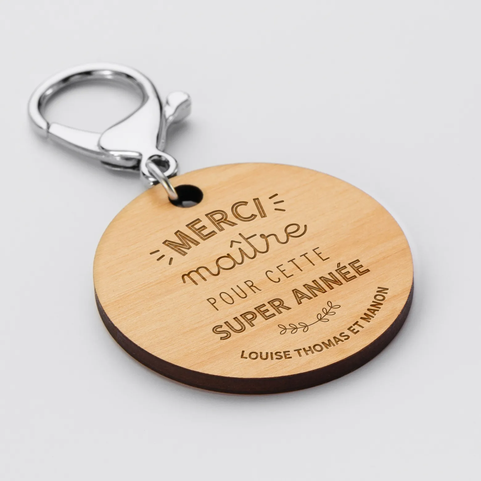 Porte clé personnalisé gravée bois médaille ronde 50 mm - Merci Maîtresse