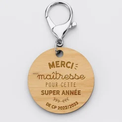 Porte clé personnalisé gravée bois médaille ronde 50 mm "Merci Maîtresse" - Nos petits imparfaits